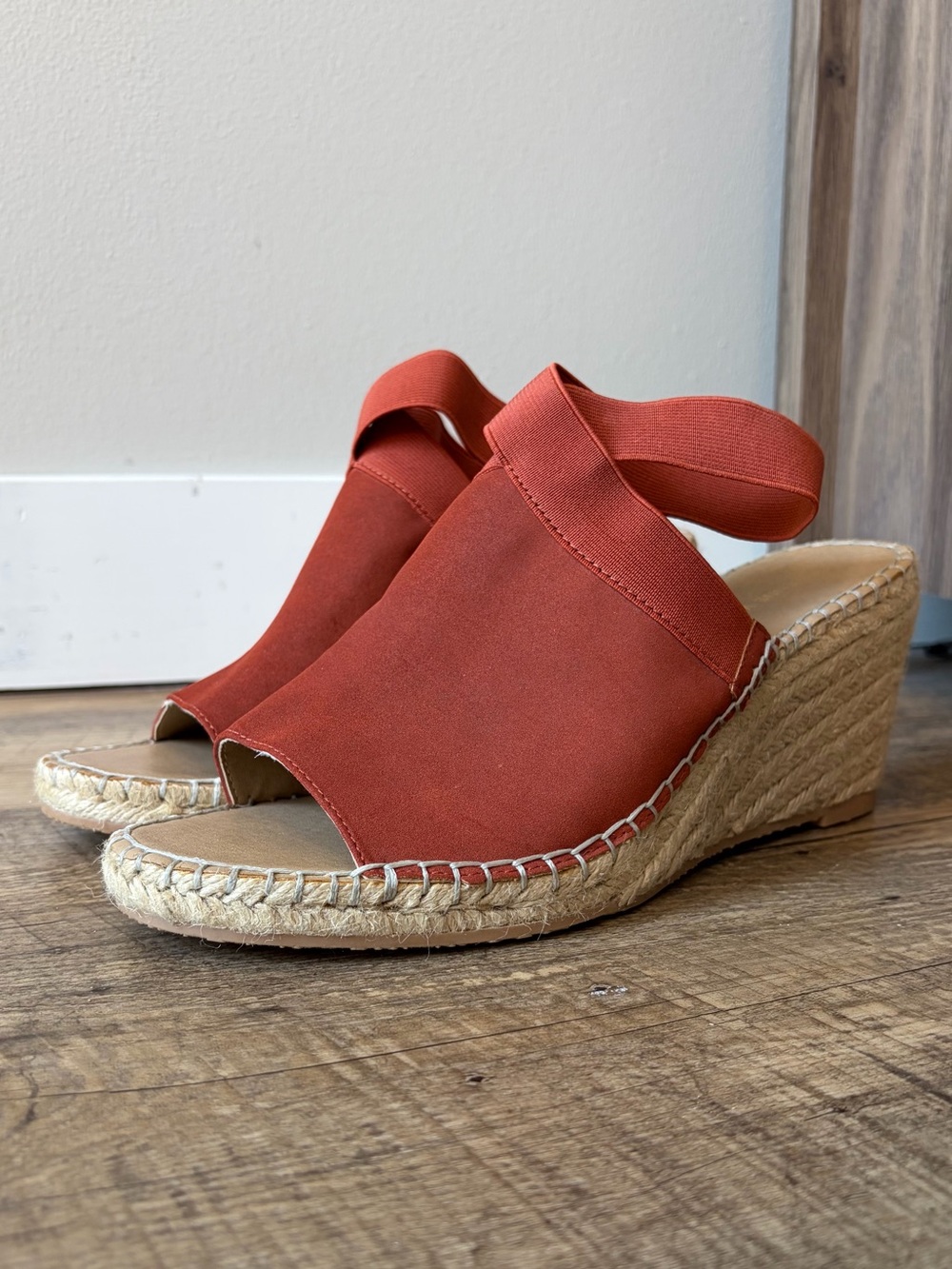 Adrienne Vittadini Faux Suede Peep Toe Calla Espadrille Wedge Heeled Sandals
